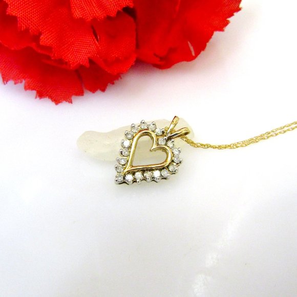 Diamond Heart Pendant Necklace Solid 10k Yellow Gold Genuine Natural Real - Picture 7 of 10
